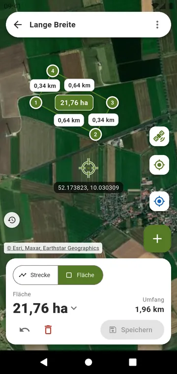 Ein auf der Satellitenkarte gezeichnetes Feld mit seinen Seiten