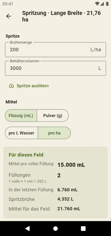 Spritzung: Tankfüllungen und Menge für die letzte Füllung