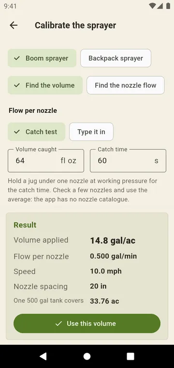 Sprayer calibration: catch test and speed