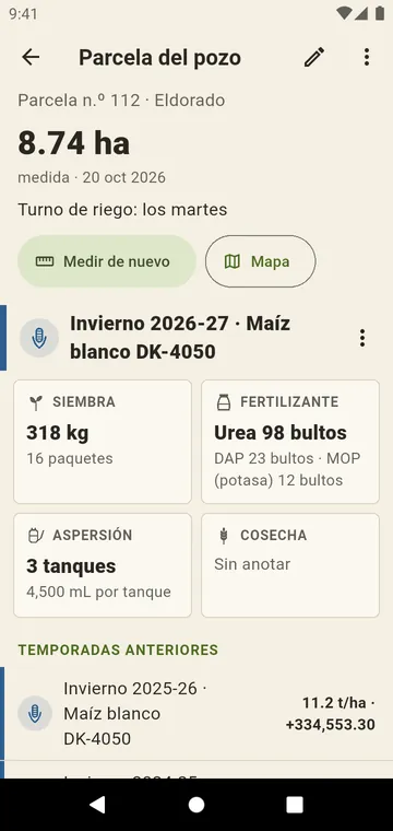 Una parcela con su superficie, su referencia catastral y sus temporadas