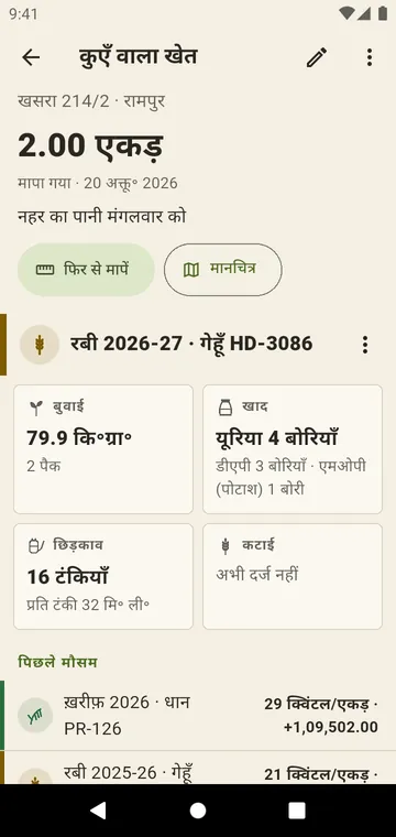 एक खेत, उसके रकबे, खसरा नंबर और मौसमों के साथ