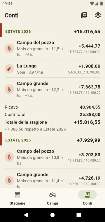 Conti: resa, costi e margine per campo