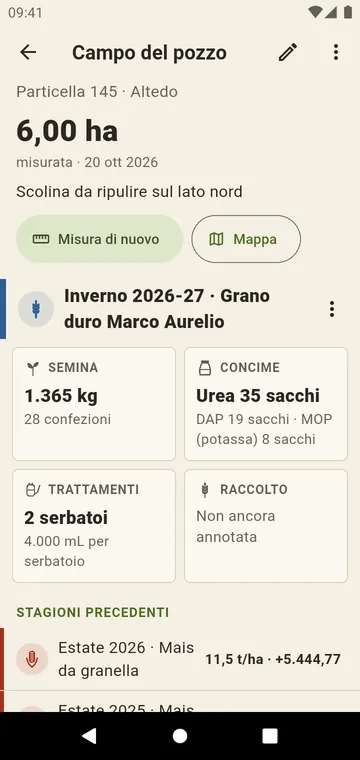 Un campo con la sua superficie, la particella e le stagioni