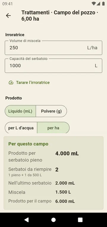 Trattamenti: serbatoi da riempire e dose dell'ultimo serbatoio