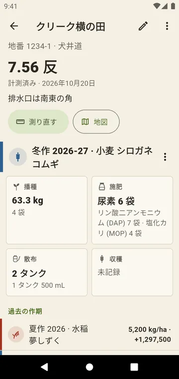 面積、地番、作期をもつ圃場