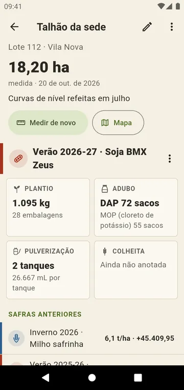 Um talhão com a área, a matrícula e as safras