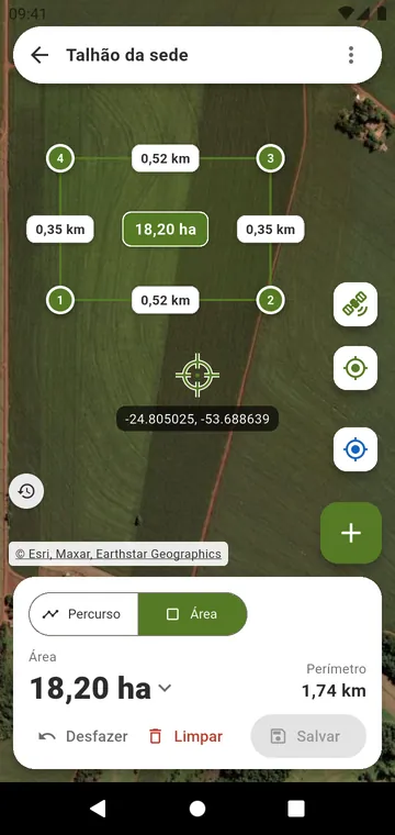 Um talhão desenhado no mapa de satélite, com os lados